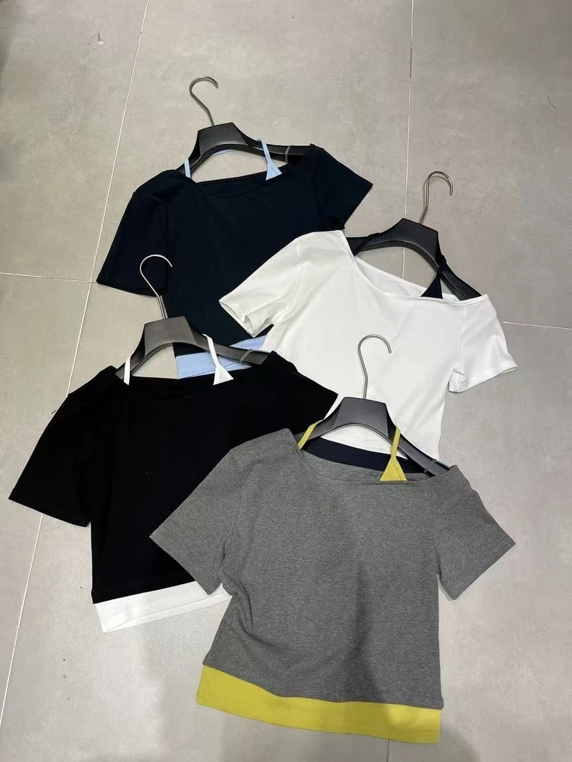 Manmi 假两件撞色拼接斜肩辣妹T  60225（C3）