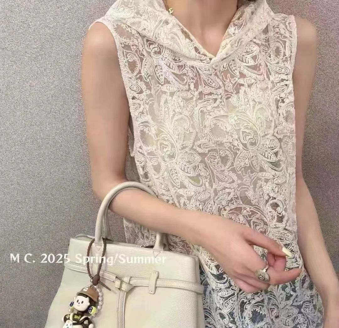 XL胸106长62气质休闲纯色连帽无袖蕾丝衫上衣高级叠穿时尚 9987