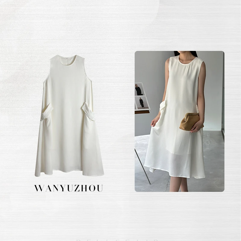 【WANYUZHOU】亮片口袋醋酸连衣裙显瘦气质醋酸夏季宽松时尚