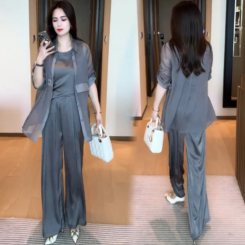 时尚套装女2025夏季新款洋气宽松显瘦中长款外披背心阔腿裤三件套