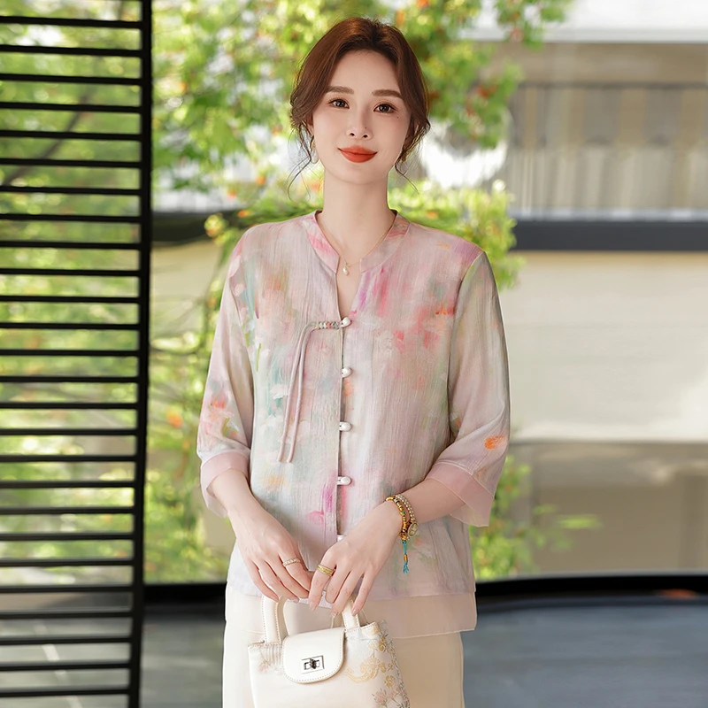 开衫衬衣中袖小衫妈妈衬衫新中式国风夏季新款洋气V领七分袖花衫