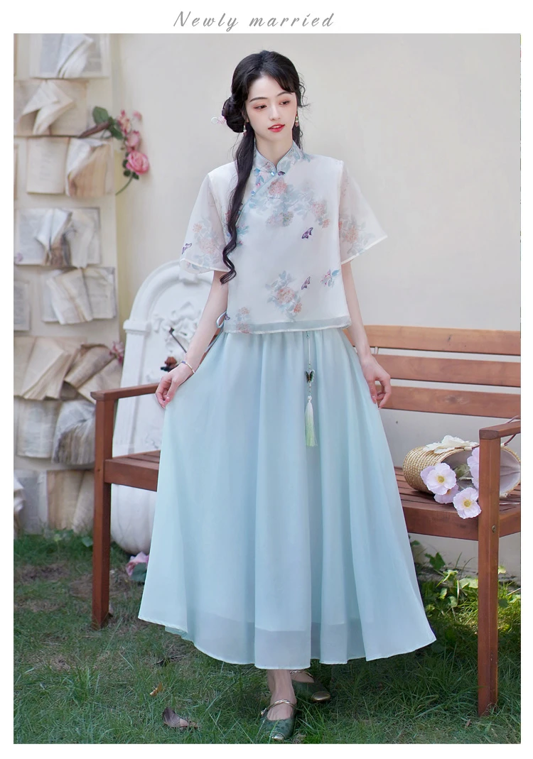 印花中长裙新中式旗袍民族风夏季复古古风学生中国风仙气