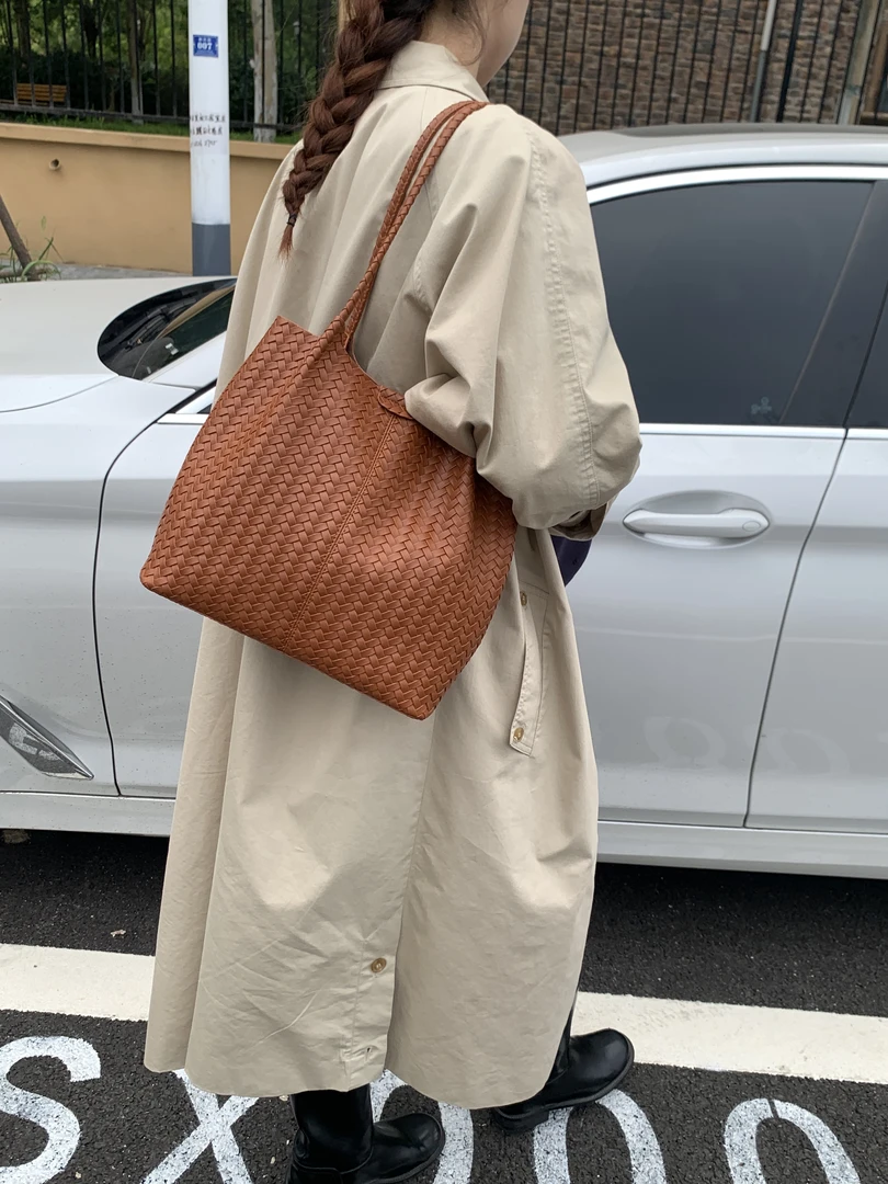 秋季ins风手工编织包 手提菜篮子包时尚百搭大容量通勤单肩托特包