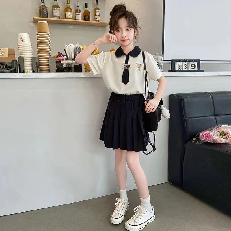 纯色薄款套头女学院风夏季套装制服百褶女童夏装6-12岁潮款高级感