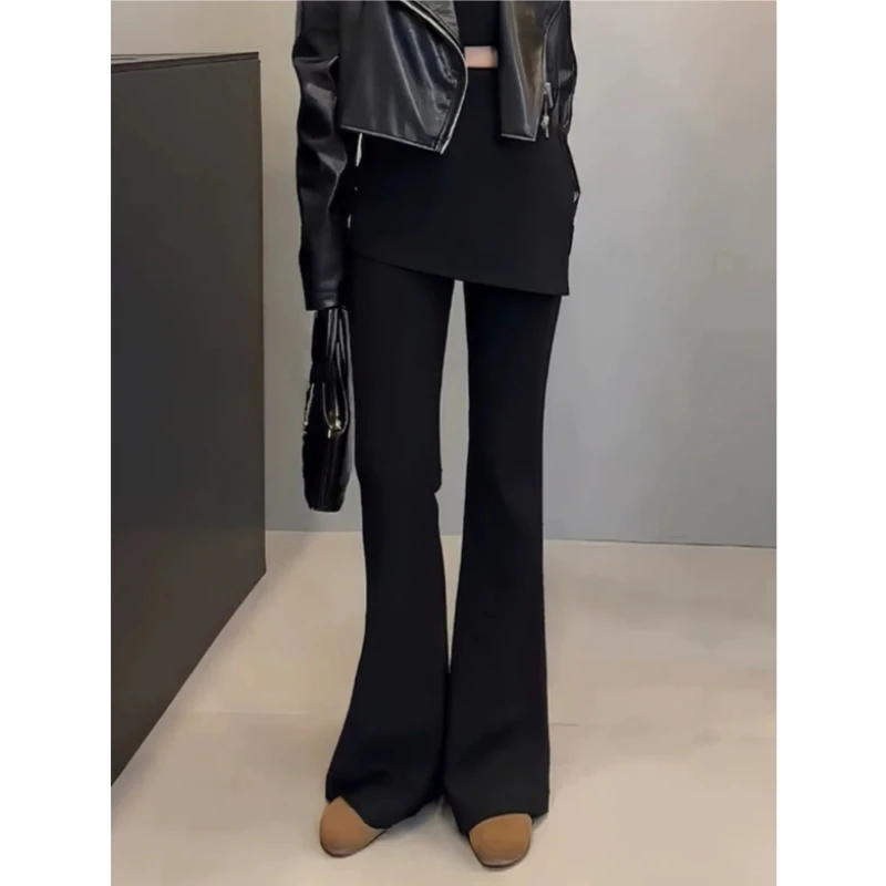 韩版假两件黑色微喇叭裤女2025春夏新款小众屁帘设计感显瘦休闲裤