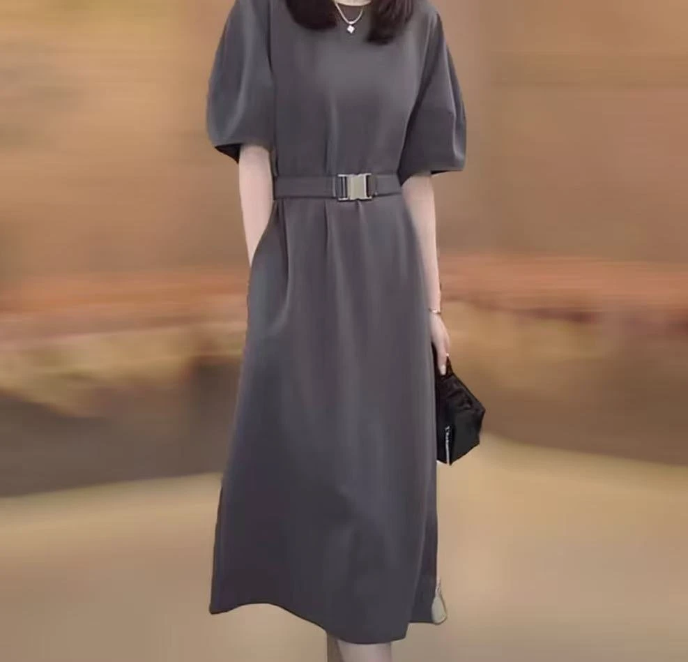 23130婕妤秀纯色连衣裙女夏季新款松紧腰显瘦气质圆领长裙子过膝