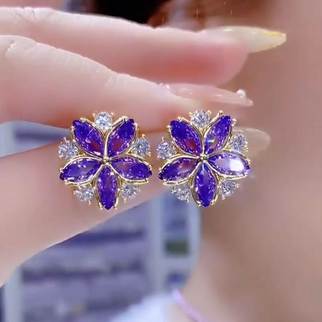 铜合金锆石耳饰 小众设计紫色花瓣锆石耳钉气质百搭耳坠独特805#