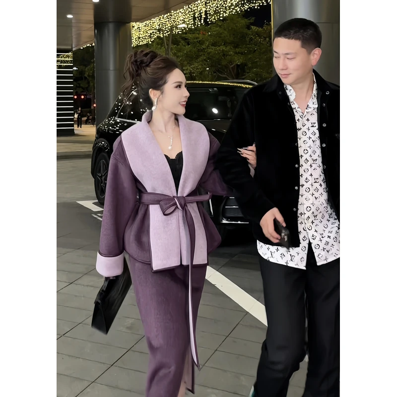 【冬装新款】DO670冬季时尚双色双面呢套装羊毛呢外套+半身裙套装