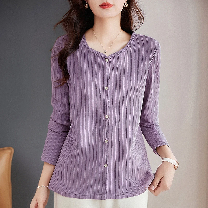 紫色长袖T恤女2025秋季新款时尚大码减龄打底衫气质正肩女装上衣