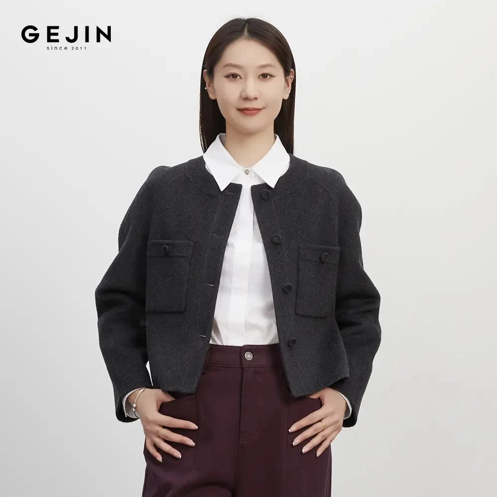 GEJIN/歌锦秋冬新款小香风优雅气质圆领双面羊毛大衣9352570438