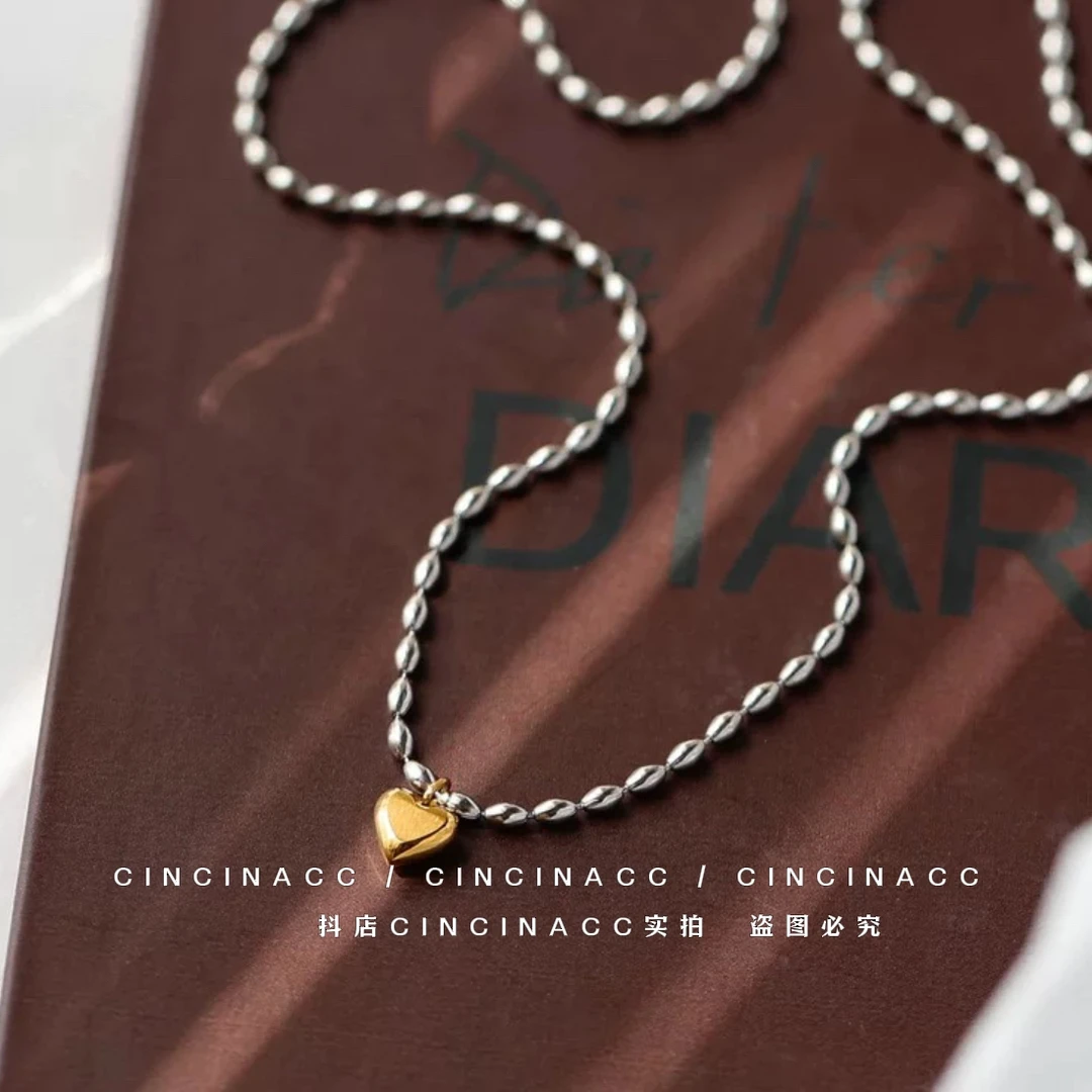 钛钢项链 可碰水！一小颗爱心撞色椭圆珠珠项链不掉色百搭锁骨链潮