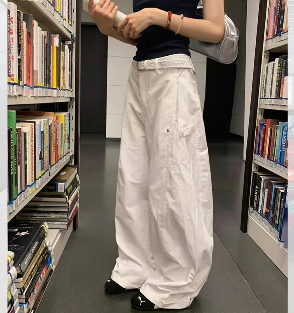 白色结构宽松休闲裤女夏季高腰直筒阔腿裤松弛慵懒纯色裤子