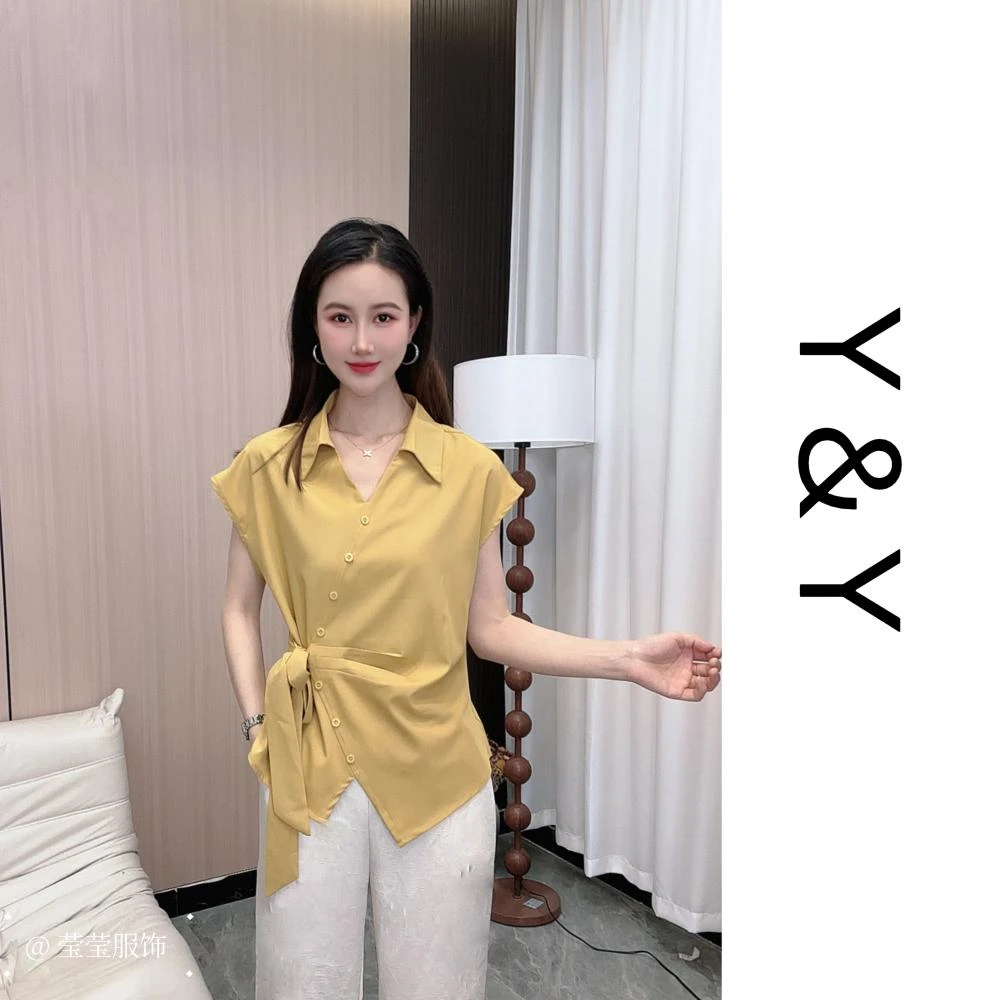 2025年夏季新款不规则系带短袖衬衫修身显瘦上衣衬衣