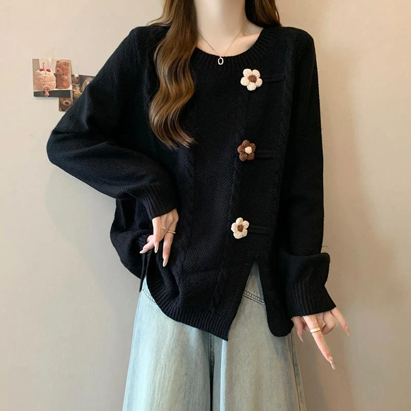 大码女装遮肚子设计感毛衣针织衫女秋冬胖妹妹显瘦开叉上衣打底衫