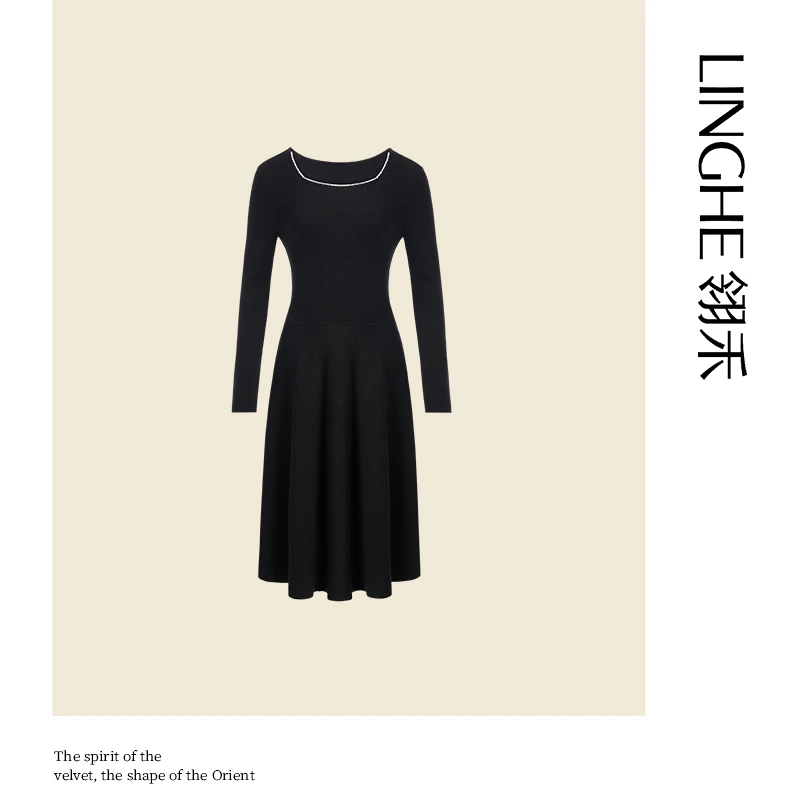 翎禾LINGHE-上新经典针织圆领X型长款修身小黑裙女士