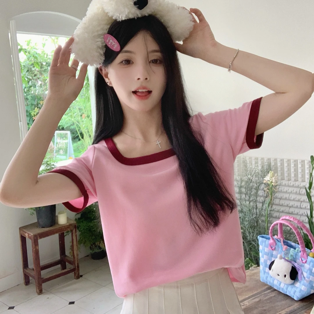 大码夏季正肩遮肉显瘦百搭短袖t恤女U领休闲短款上衣8028
