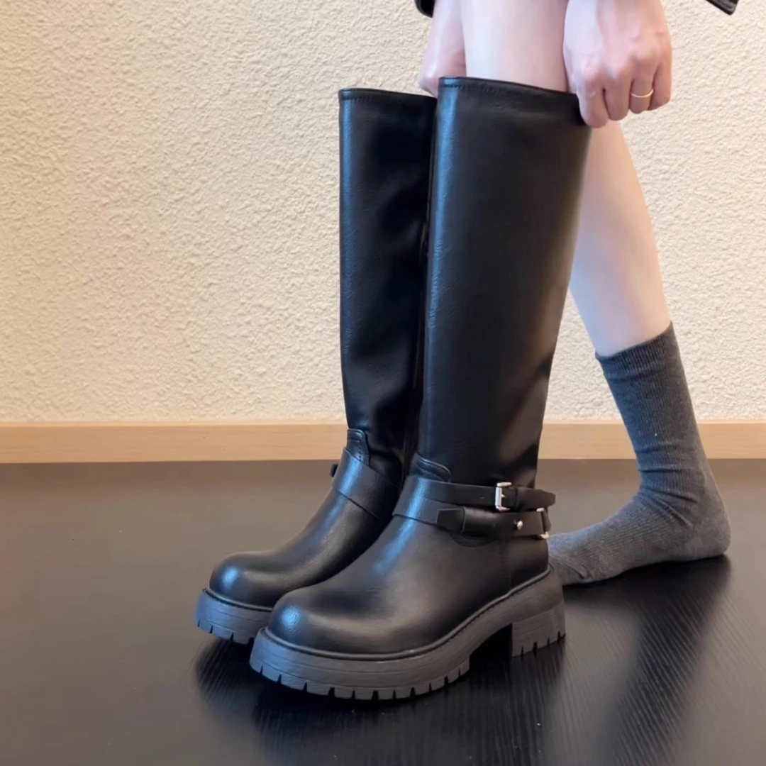 Pokoy-5cm皮带扣女长筒靴不过膝骑士靴高筒显瘦长靴秋冬季