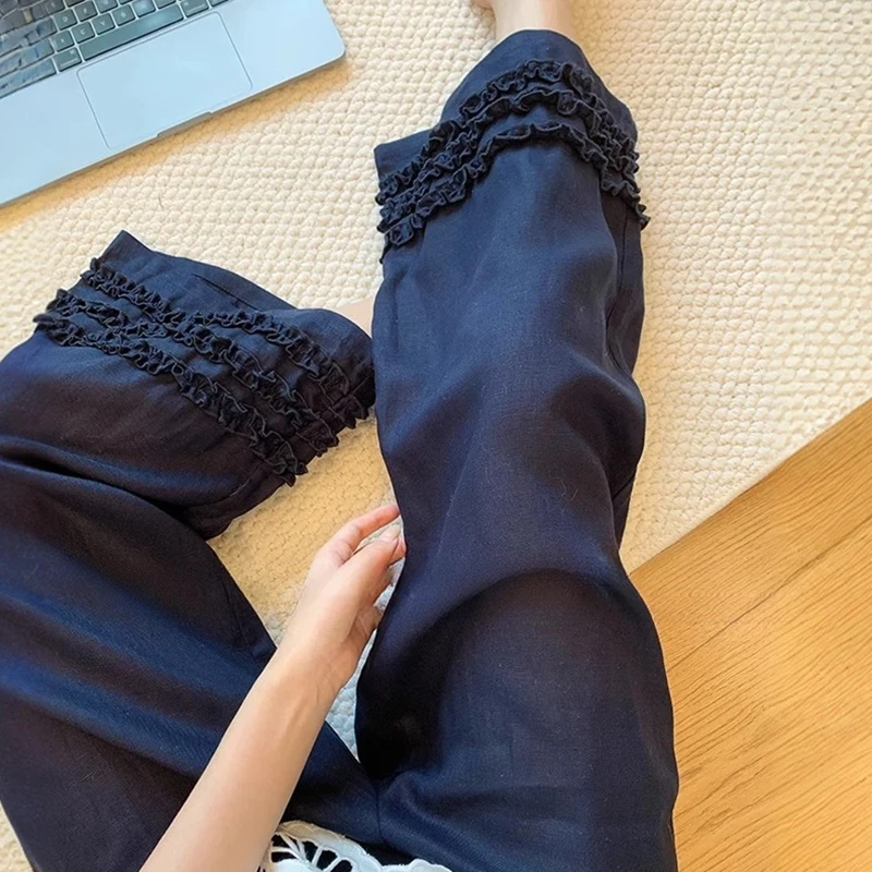 夏日松弛感木耳花边阔腿裤女梨形身材百搭松紧高腰阔腿九分休闲裤