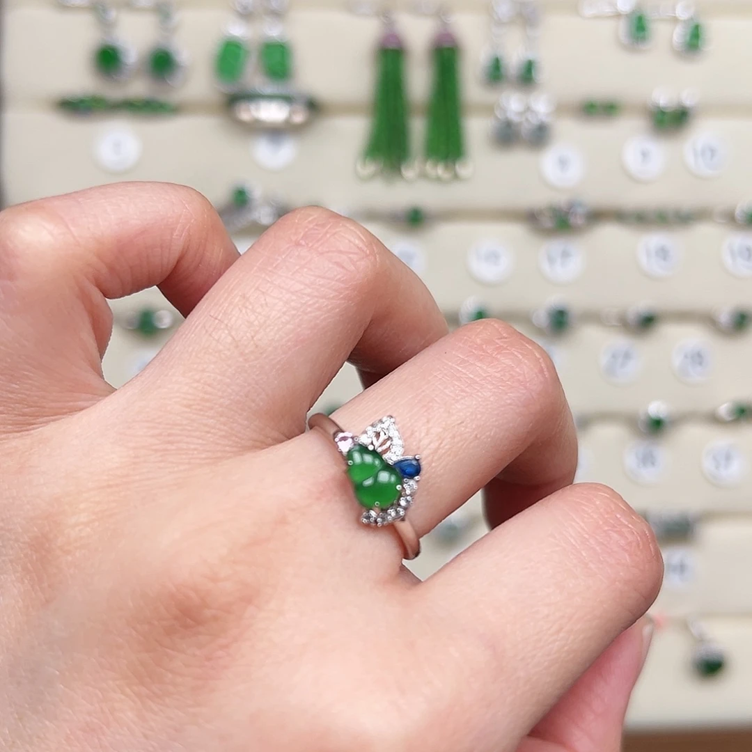 翡翠银S925镶嵌戒指天然