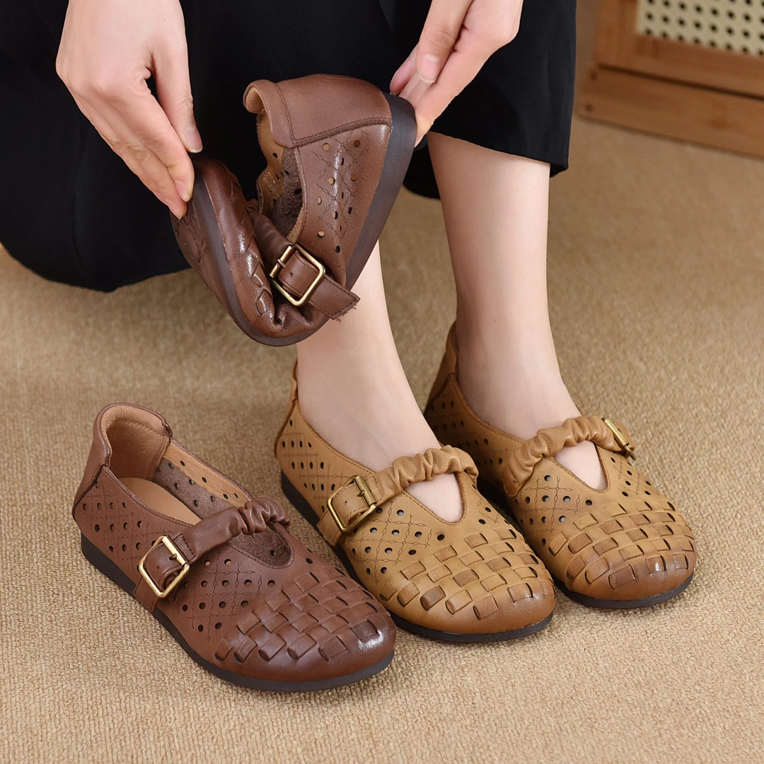 头层牛皮单鞋女2025夏季新款软底软面编织复古法式流光风休闲鞋女