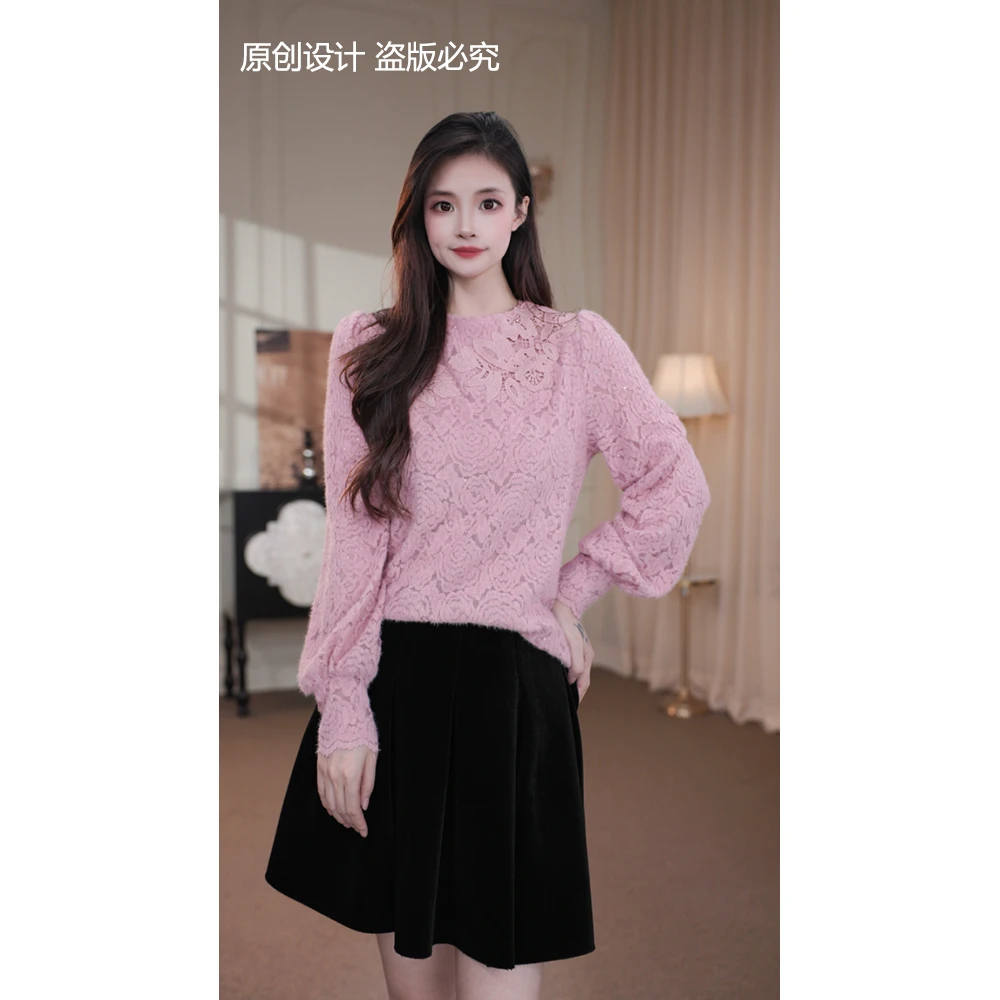 旷宁宁·北岛甜心·秋冬装修身玫瑰设计感长袖小衫上衣女装-