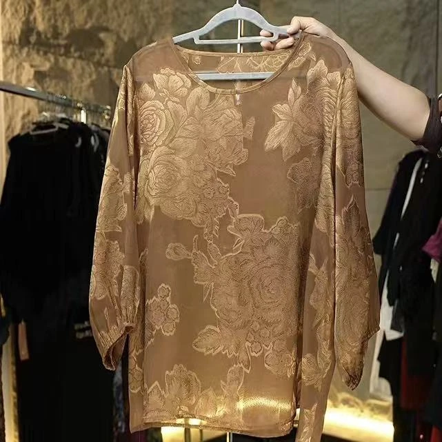 (QQ)250#1858-咖色鎏金雅叙提花暗纹T恤-F