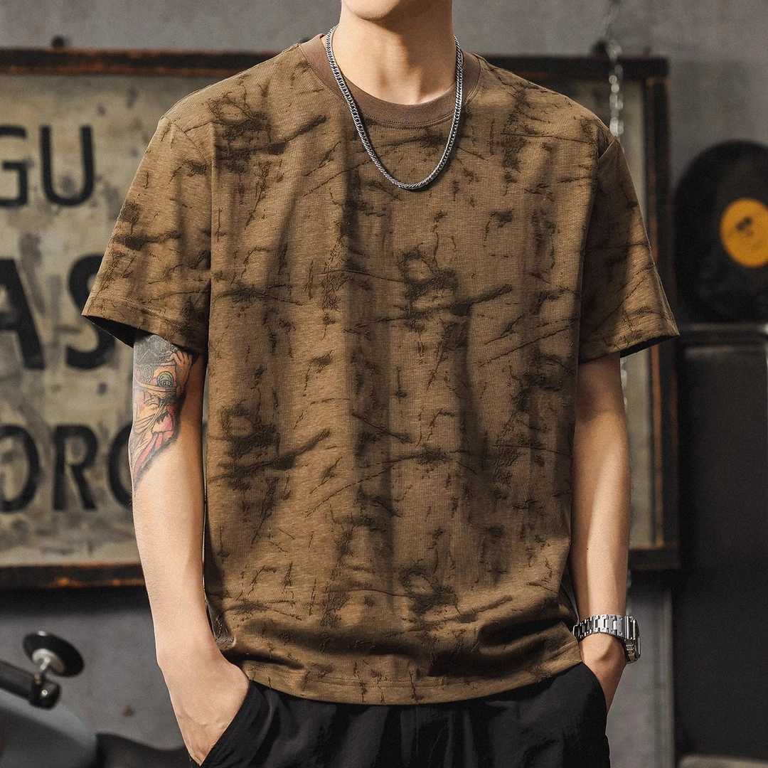 Salodac美式重磅短袖t恤男新款痞帅风休闲圆领上衣扎染印花半袖