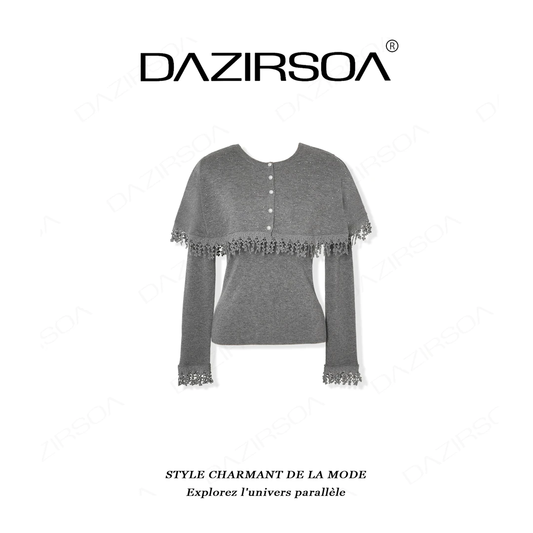 DAZIRSOA/达姿“真我之箭”时尚百搭花朵流苏斗篷气质毛衣 AB673