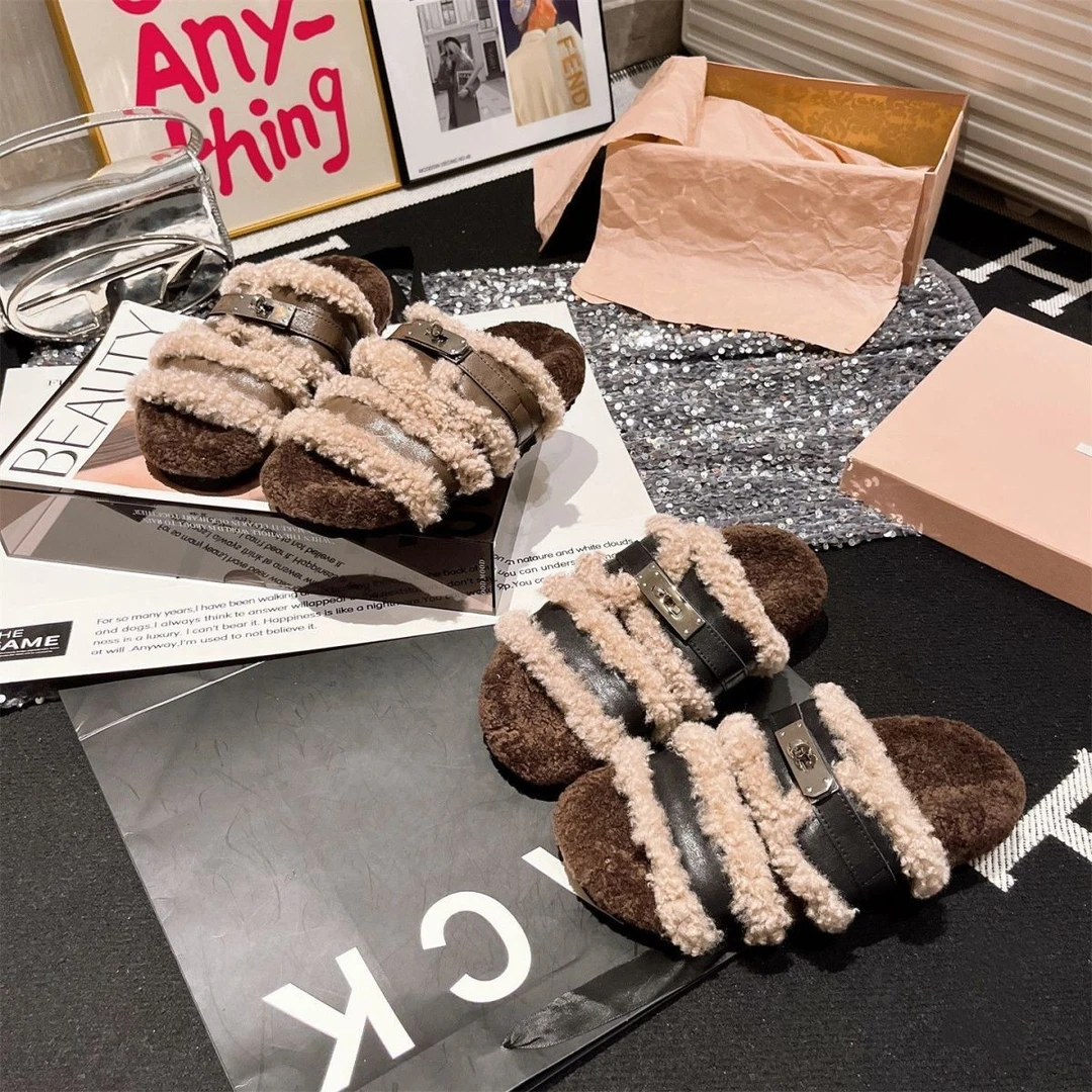 软底软面保暖氛围感韩版羊羔毛平底毛毛拖2025秋季新款时尚一字拖