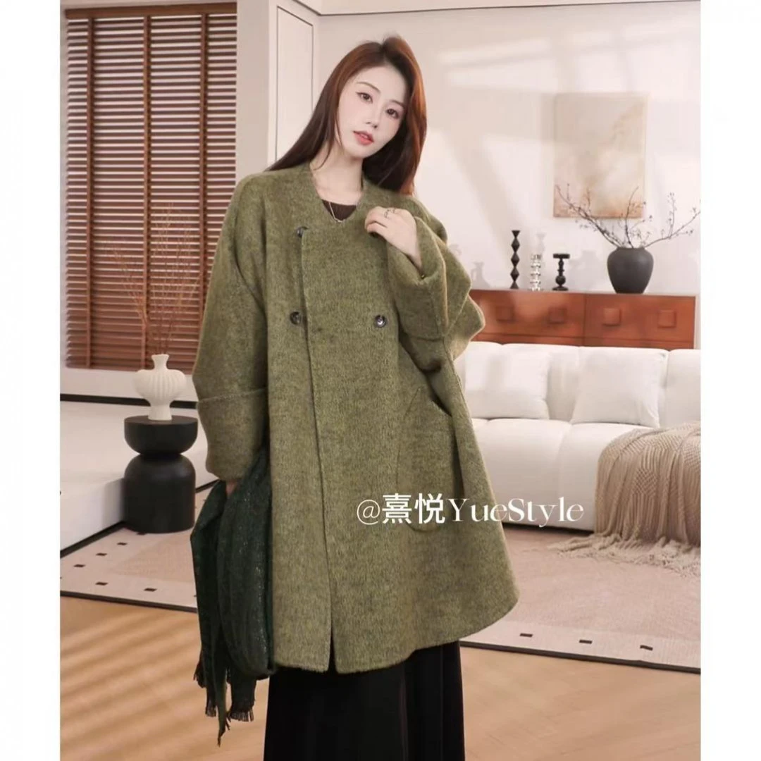 熹悦/闲暇时光-欧韩版廓形宽松斗篷式手工中长款双面羊毛大衣外套