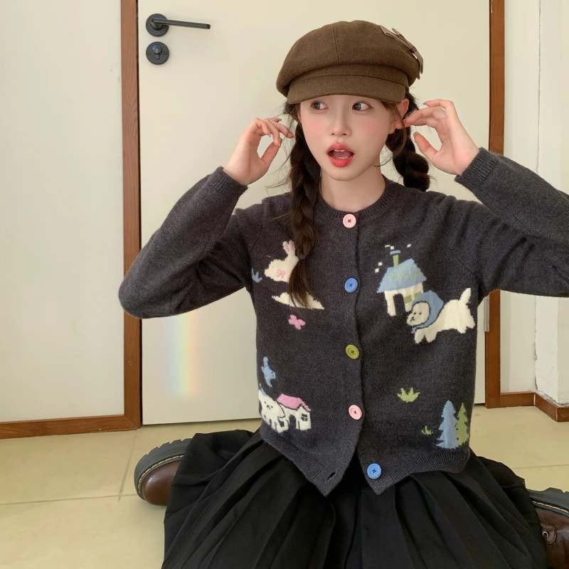 东京岁时记jk学院风藏青色针织开衫女宽松休闲百搭秋冬季甜美上衣