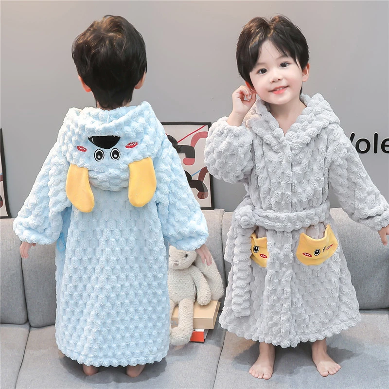 儿童洗澡吸水浴袍冬季长款豆豆绒连帽卡通男孩家居服儿童睡袍