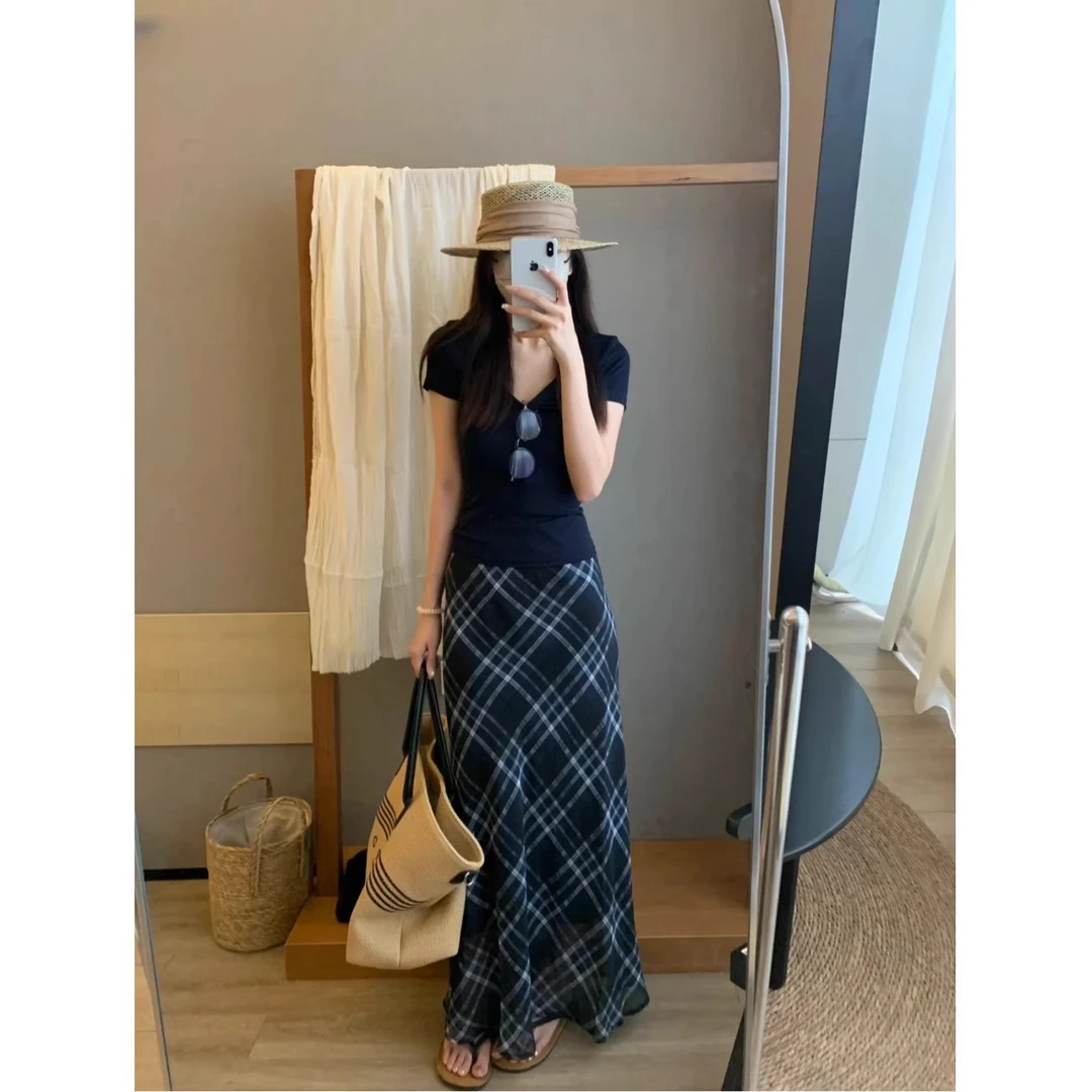 【蓝色格纹】高腰长裙半身裙复古遮胯格纹裙休闲格纹显瘦