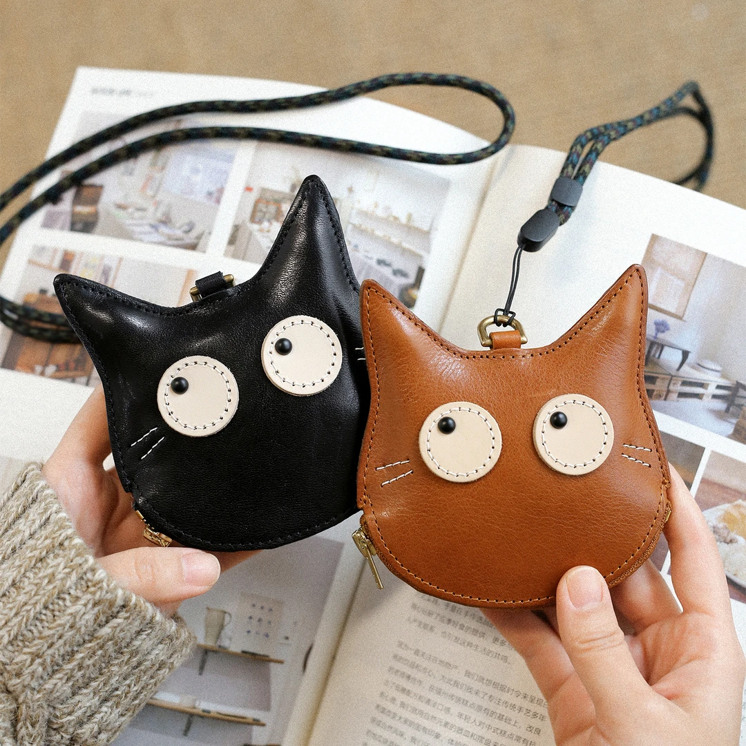 如柒头层植鞣牛皮可爱卡通猫咪复古挂脖零钱包钥匙卡包耳机收纳包