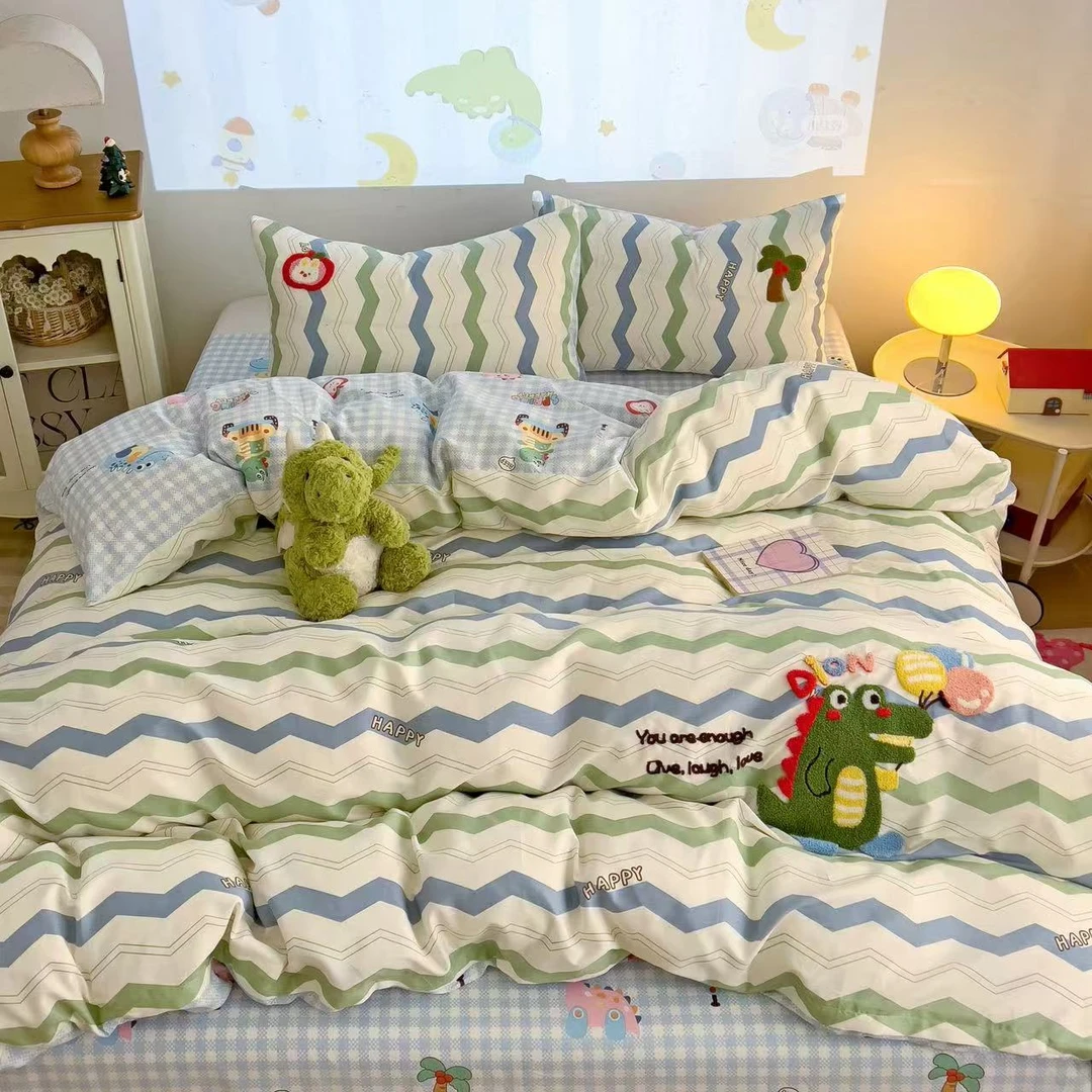 小玲子 嘟嘟龙 全棉纯棉三件套四件套 印花+刺绣工艺 可爱风