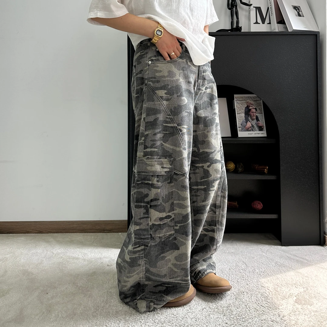 做旧美式休闲迷彩裤免烫处理牛仔裤潮流阔腿裤男女同款长裤弯刀裤
