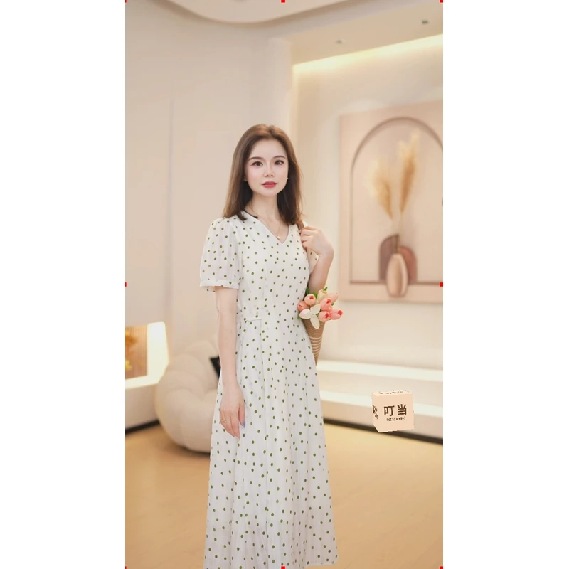 夏季新款连衣裙裙子小个子气质显瘦收腰绿波点连衣裙连衣裙女夏季