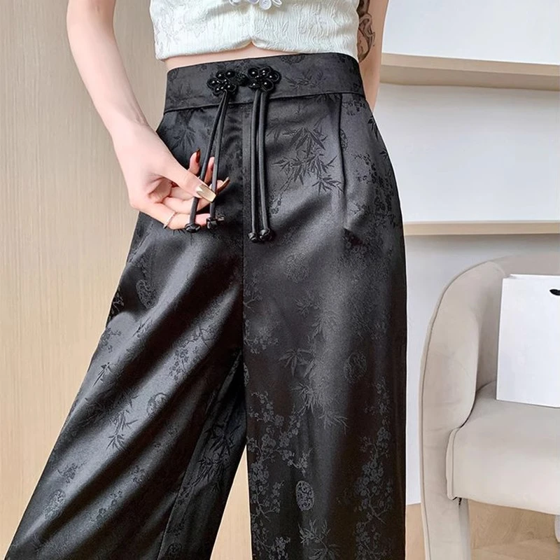 新中式国风阔腿裤女缎面休闲裤春夏薄设计感高腰垂感轻职直筒裤子