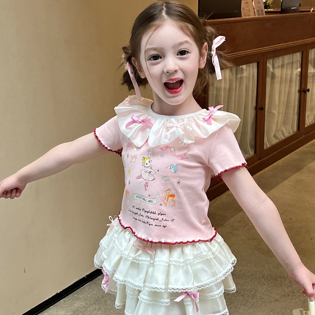 栀了成长记童装女童撞色娃娃领套装夏季儿童宝宝印花T恤蛋糕短裙