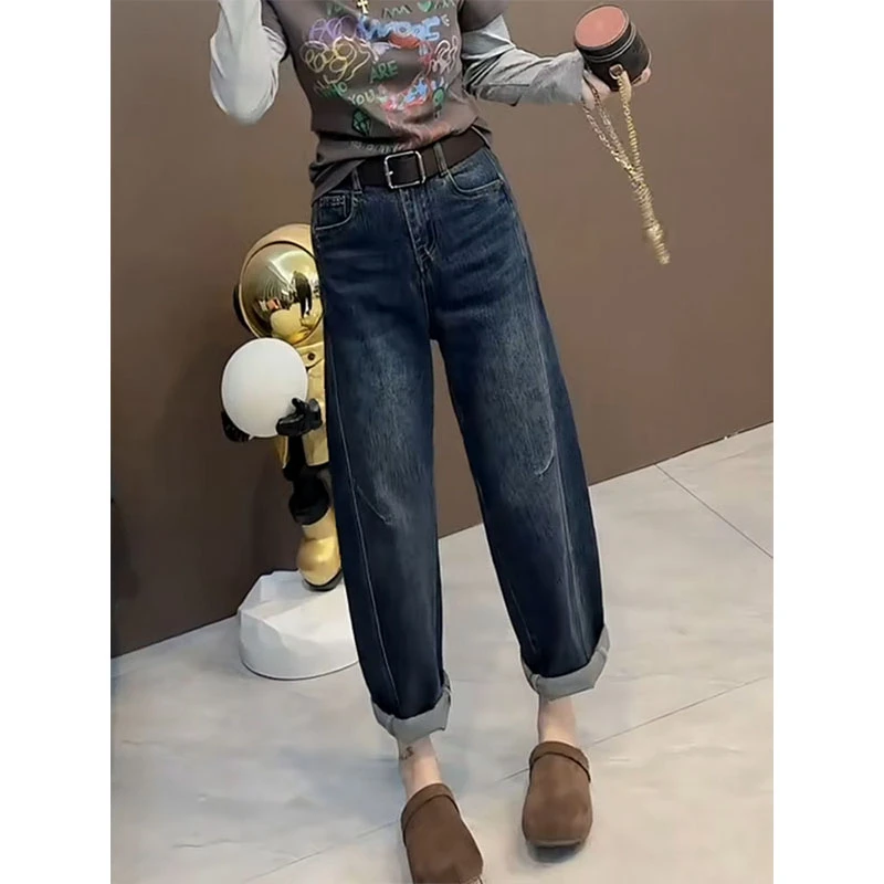 梨形身材高腰直筒哈伦老爹裤秋季新款大码女裤洋气百搭九分牛仔裤