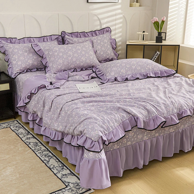 法式公主风花边床盖夏凉被四件套母婴A类亲肤透气空调被子可机洗