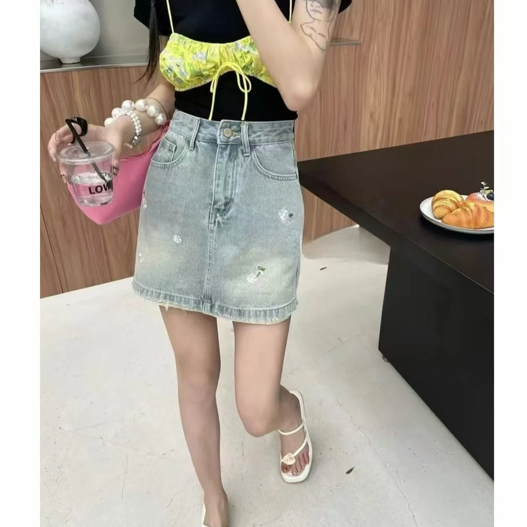 玳妮【亮钻小花】夏季 高腰重工烫钻刺绣里衬A字牛仔半裙显瘦半身裙