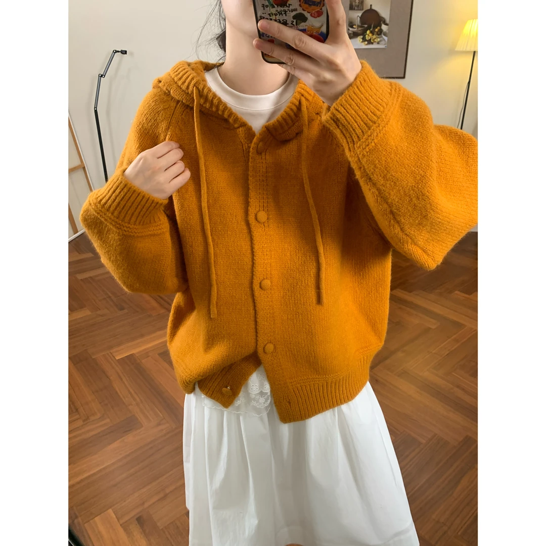 韩系加厚纯色连帽毛衣外套女复古秋冬新款显白百搭慵懒针织衫上衣