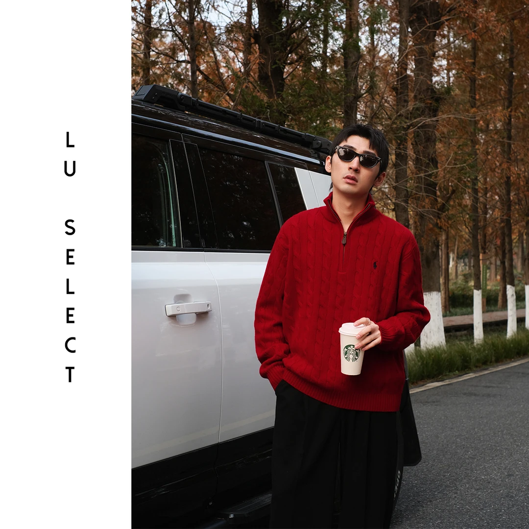 Lu SELECT【RL小马标】100%羊毛老钱风拉链刺绣绞花立领毛衣