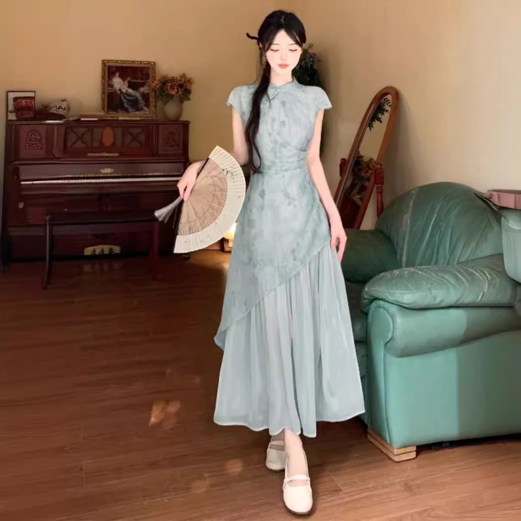 【画浅】国风新中式禅意清冷天丝晕染提花旗袍连衣裙女