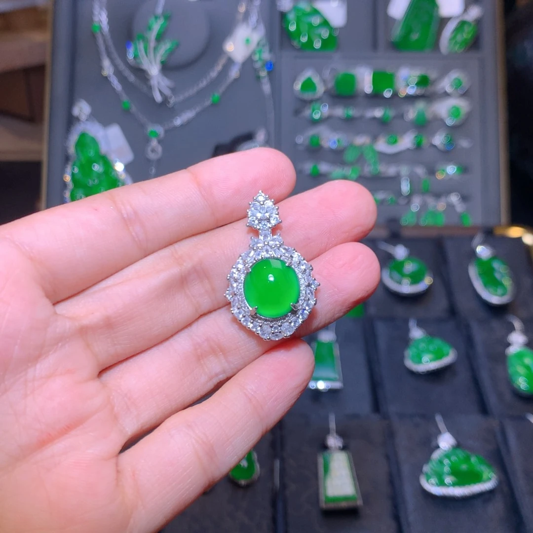 吊坠(不含链)银S925镶嵌翡翠蛋面吊坠