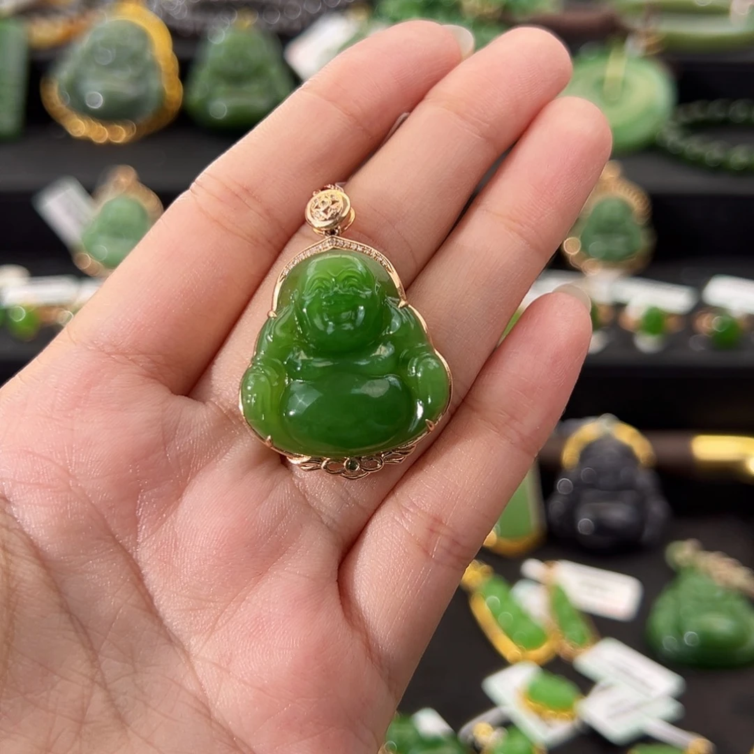 和田玉18K金镶嵌吊坠(不含链)苹果绿佛公26mm