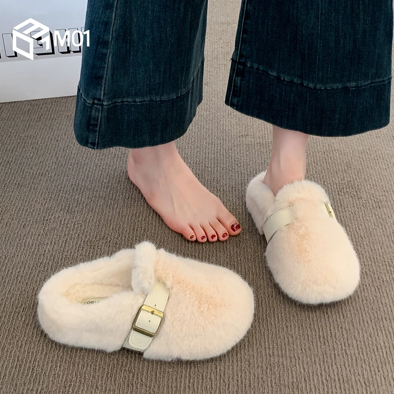 M01厚底内增高加绒勃肯包头毛毛拖鞋女外穿秋冬新款网红保暖棉拖