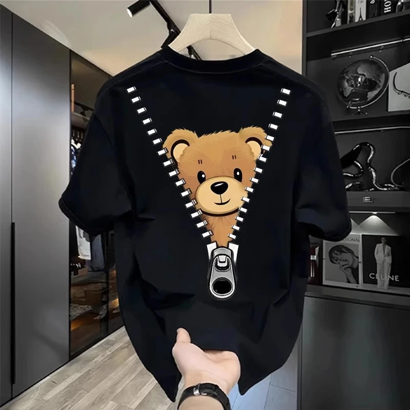 仓石一树潮牌拉链小熊短袖T恤男2025夏季休闲ins痞帅慵懒风男装