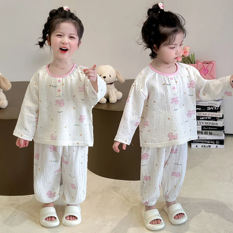 女童春秋夏家居服长袖卡通纱布睡衣2女宝宝纯棉1-3岁公主洋气小童